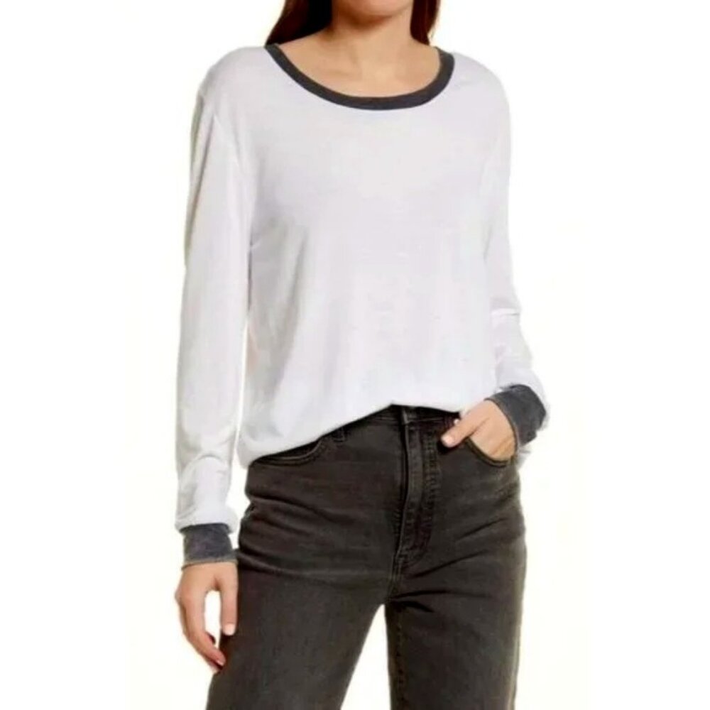 NWT TREASURE & BOND Ringer Long Sleeve T-Shirt White\Grey L